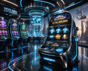 Kasino futuristik dengan mesin slot modern, hologram jackpot global, dan efek neon biru-cyan.