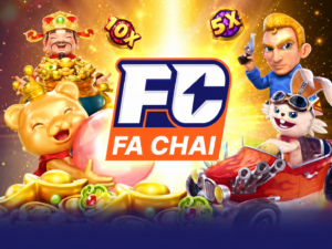 Ilustrasi permainan slot Fa Chai Gaming dengan tema khas Asia, menampilkan simbol keberuntungan, warna merah emas, dan tampilan game modern.